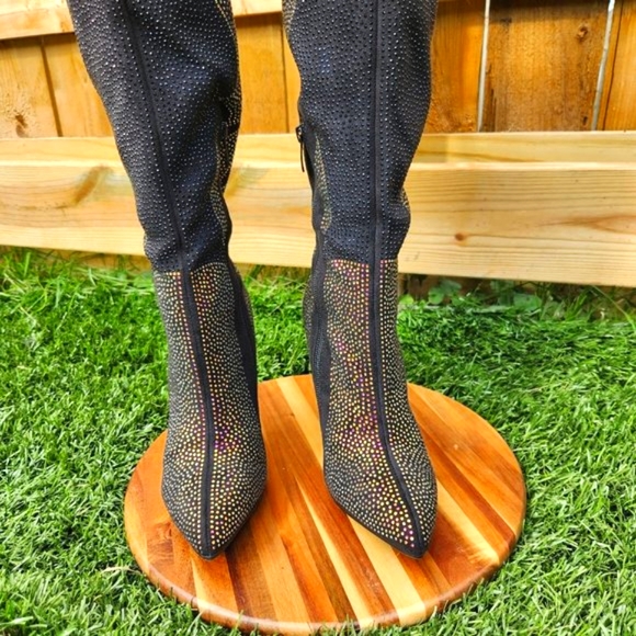 Sexy & Fun Black & Gold Rhinestone Flame Detail Sexy OTK Thigh Boots - Picture 10 of 16